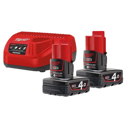 Lader- og batteripakke MILWAUKEE 2x12 V 4,0 Ah Li-Ion